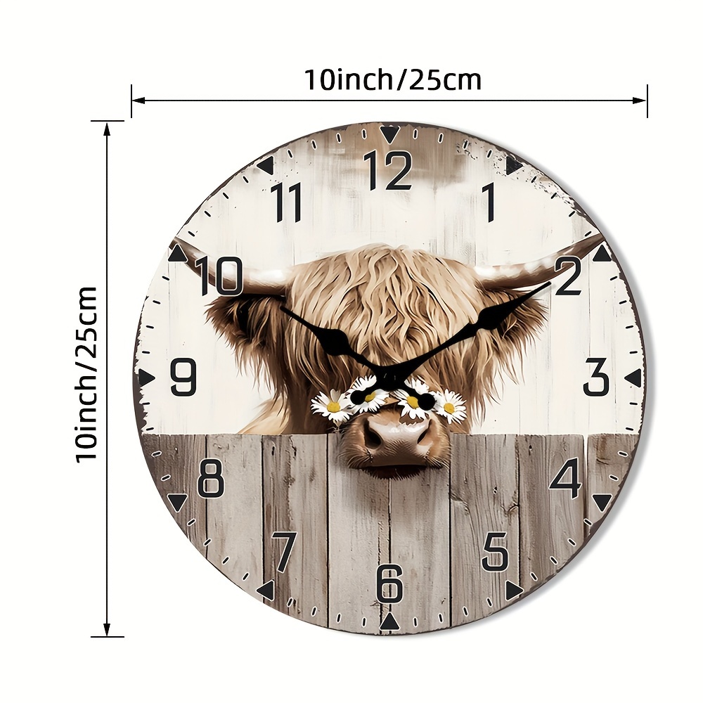 TEMU 1pc 10/12 Inch Rustic Highland Cow & Daisies Wall Clock - Non-ticking, Easy-to-read Battery Operated Clock With Wooden Background, Living Room,