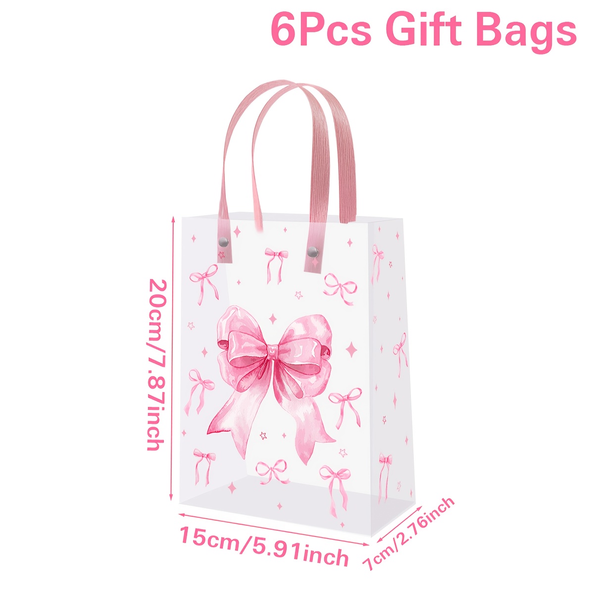 TEMU Gift For Her/him 6pcs, Bow Theme Pink Gifts Bag, Transparent Plastic Handbags With Ribbon, Wedding Bride Party Decoration, Happy Birthday Party