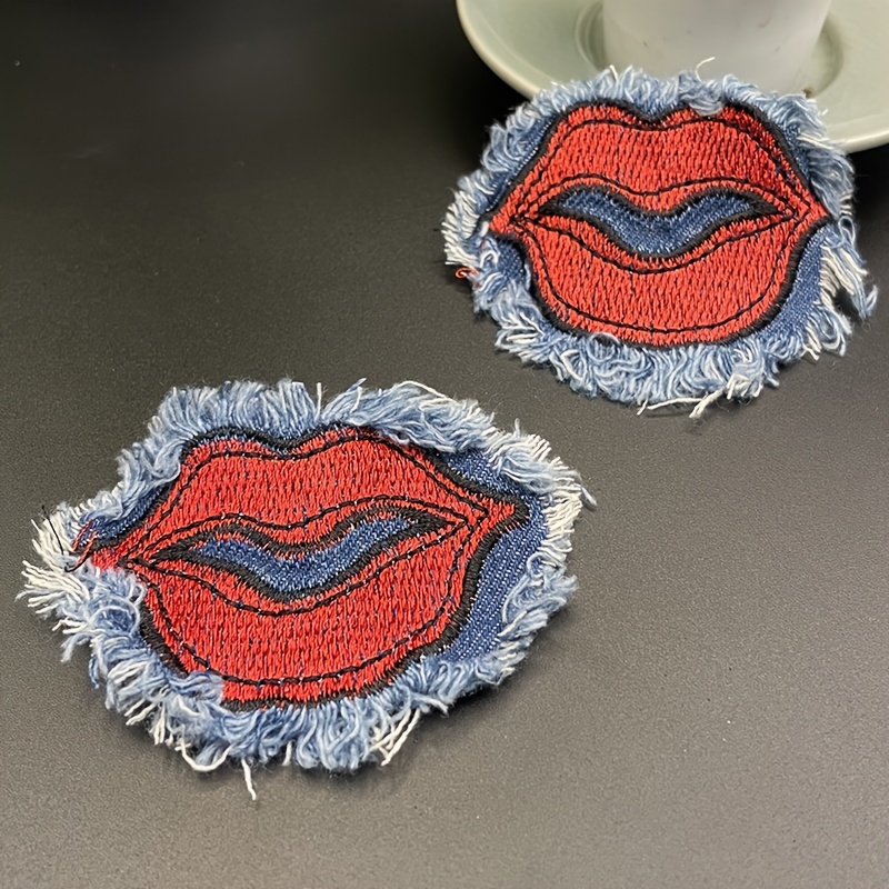 

2pcs Multi-functional Denim Fabric Fashion Vintage Hair Effect Lip Pattern For Hat Jeans Clothing Shirt Bag Decoration Denim Lip Patch Embroidered Badge