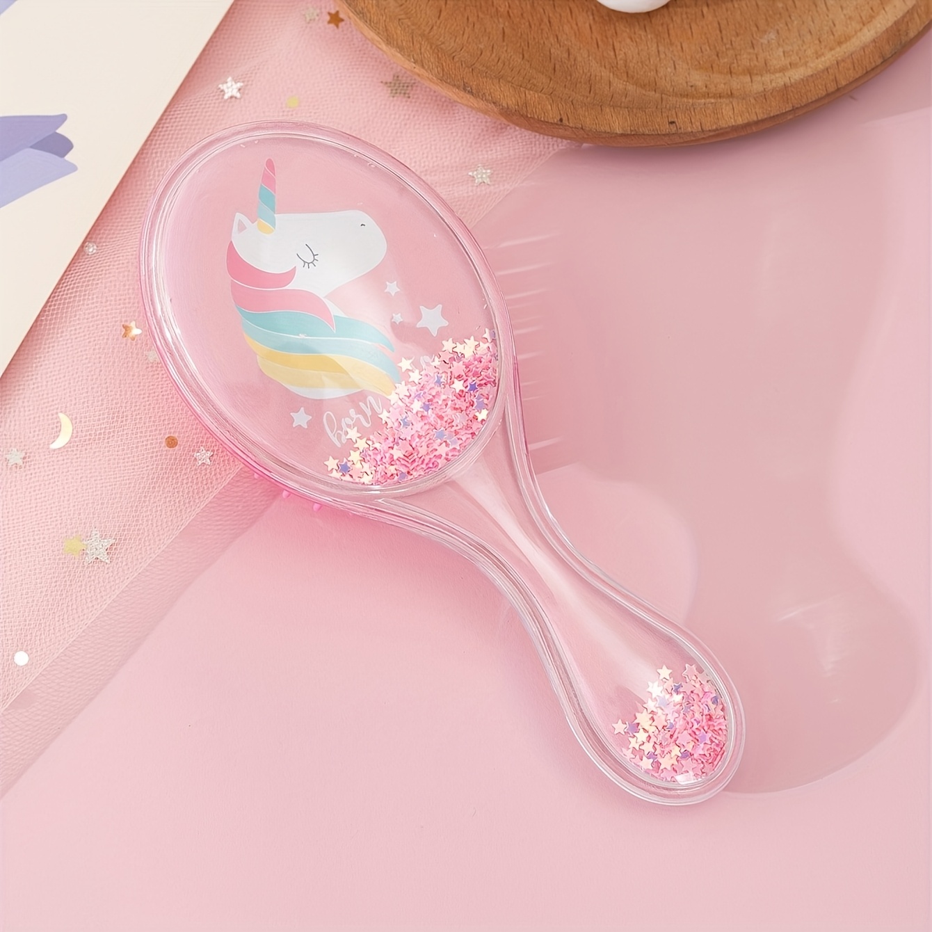 Image of Oval Shape Pink Cute Unicorn Multicolor Sequined Hair Comb 1pc