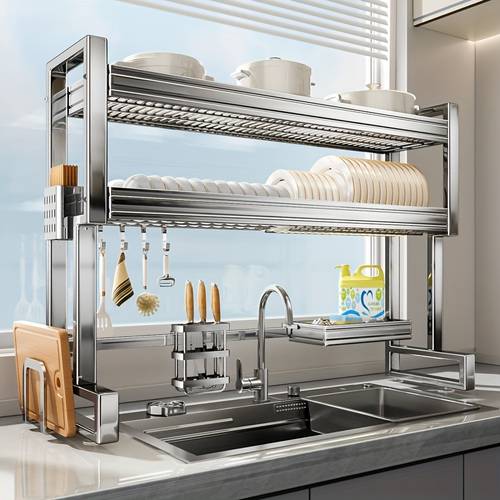 stainless steel multi functional bowl and plate draining rack stainless steel countertop storage rack used for storing bowls dishes tableware and cooking utensils with towel rack and hooks sink storage solution functional kitchen accessory