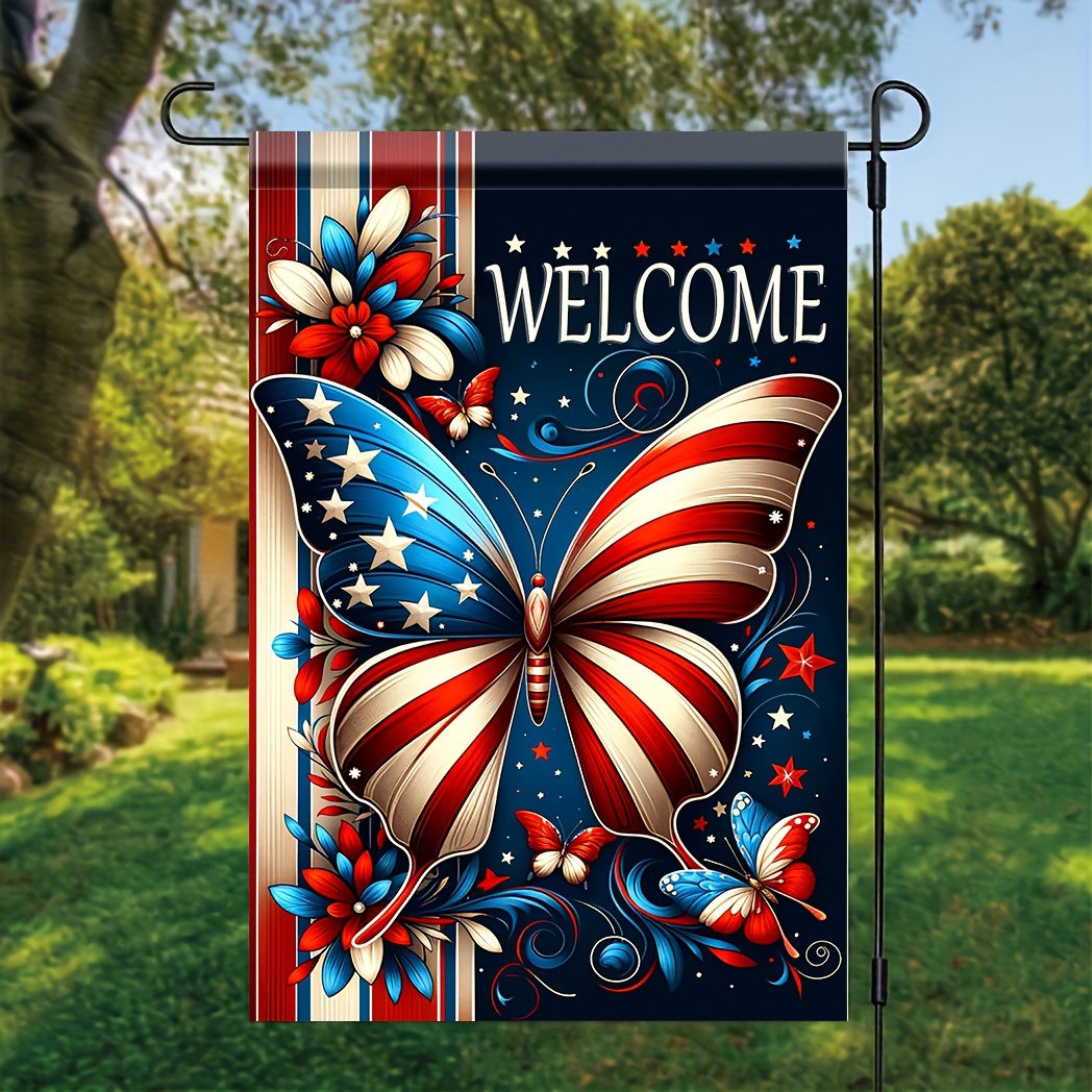 TEMU 1pc Flag - Dual-sided Polyester Patriotic & American With Stars, Stripes, Floral Swirls, 18x12 Inch Outdoor Decoration For, Yard, Lawn, Porch (flagpole Not Included), Garden Flags For Outside