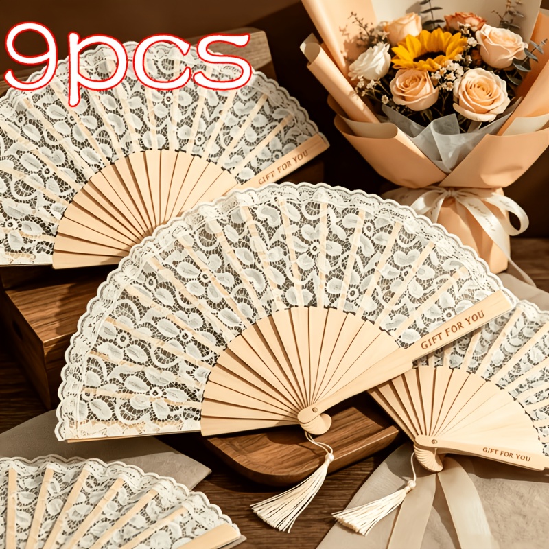 TEMU Custom Personalized Item - Vintage Beige Lace Folding Fan With Small Tassels, Customized Engraving, Wooden Hand Fan, Suitable For Wedding Guest