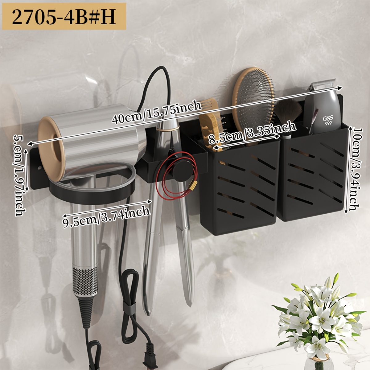 E-shop 1 Stück AmoiChic Wandmontierter Haartrocknerhalter mit Smartphone-Ablage & Regal, geeignet für Badezimmeraufbewahrung, , bohrfreie