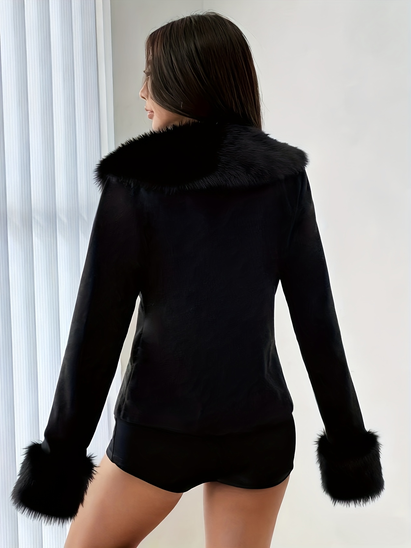 veste en fausse fourrure noire femmes capuche en peluche Temu