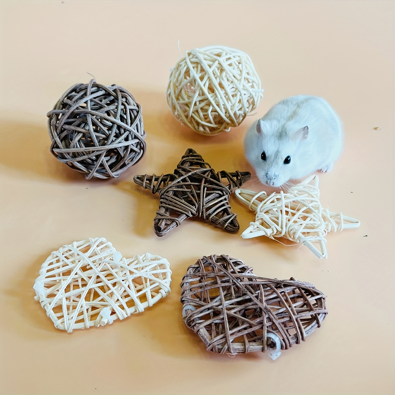 Image of 6pcs Hamster Toys, Rabbit Toys, Rattan Wicker Balls Stars And Heart Set, Parrot Chew Toys, Bird Toys, Parakeet Chewing Toys, For Budgies Conures Hamsters Bunny Toy