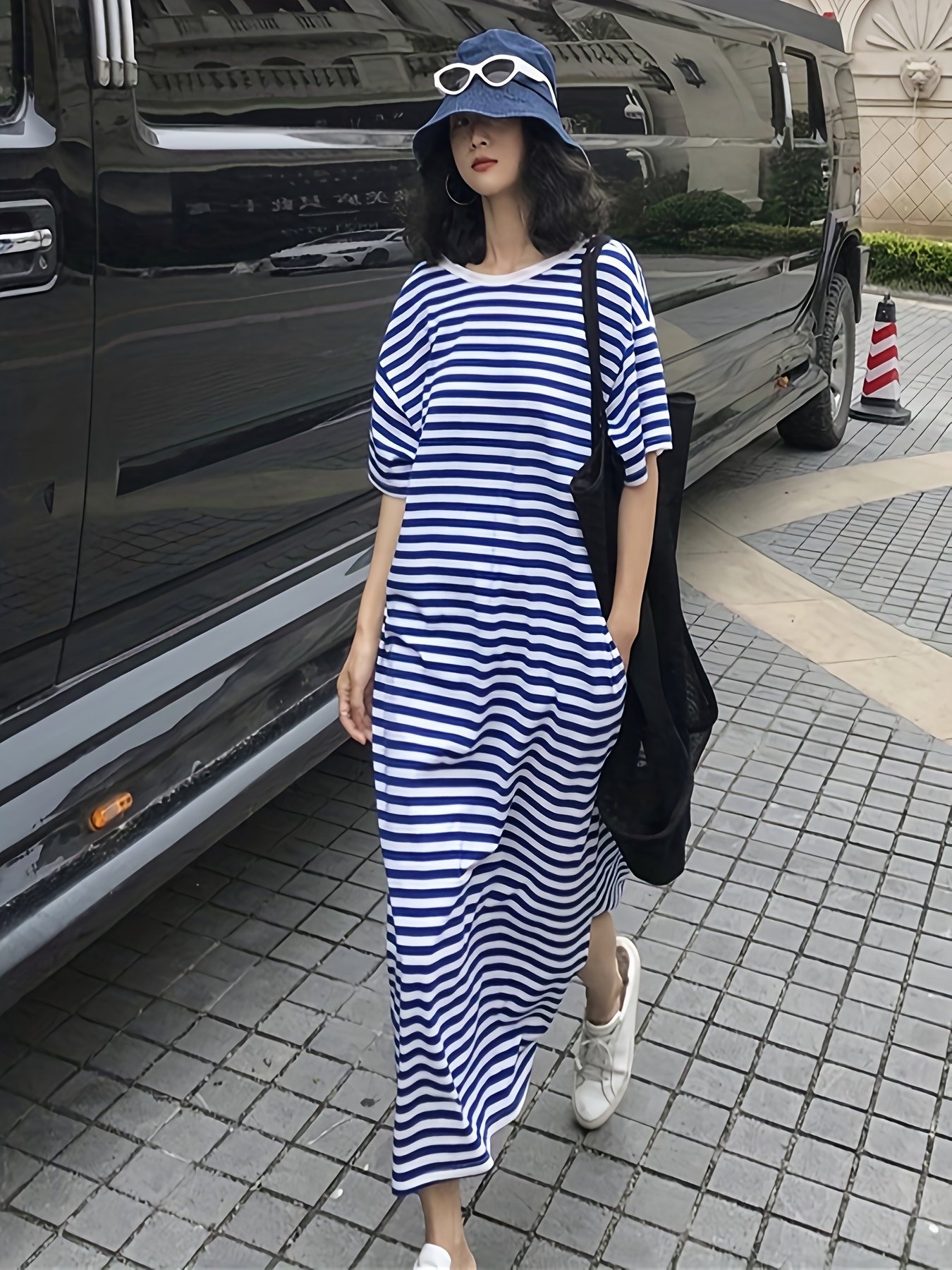womens stylish blue white striped maxi dress loose fit short Temu