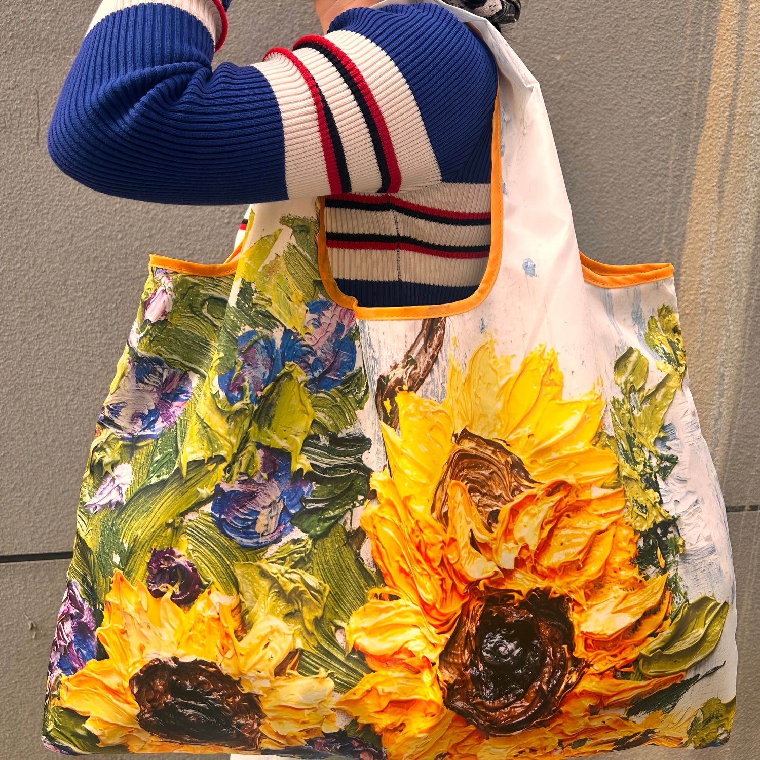 TEMU Memory Cloth Oil Painting Sunflower Large Capacity Portable Shopping Bag Lightweight Foldable Shopping Bag Shoulder Hand Carry Large Tote Bag
