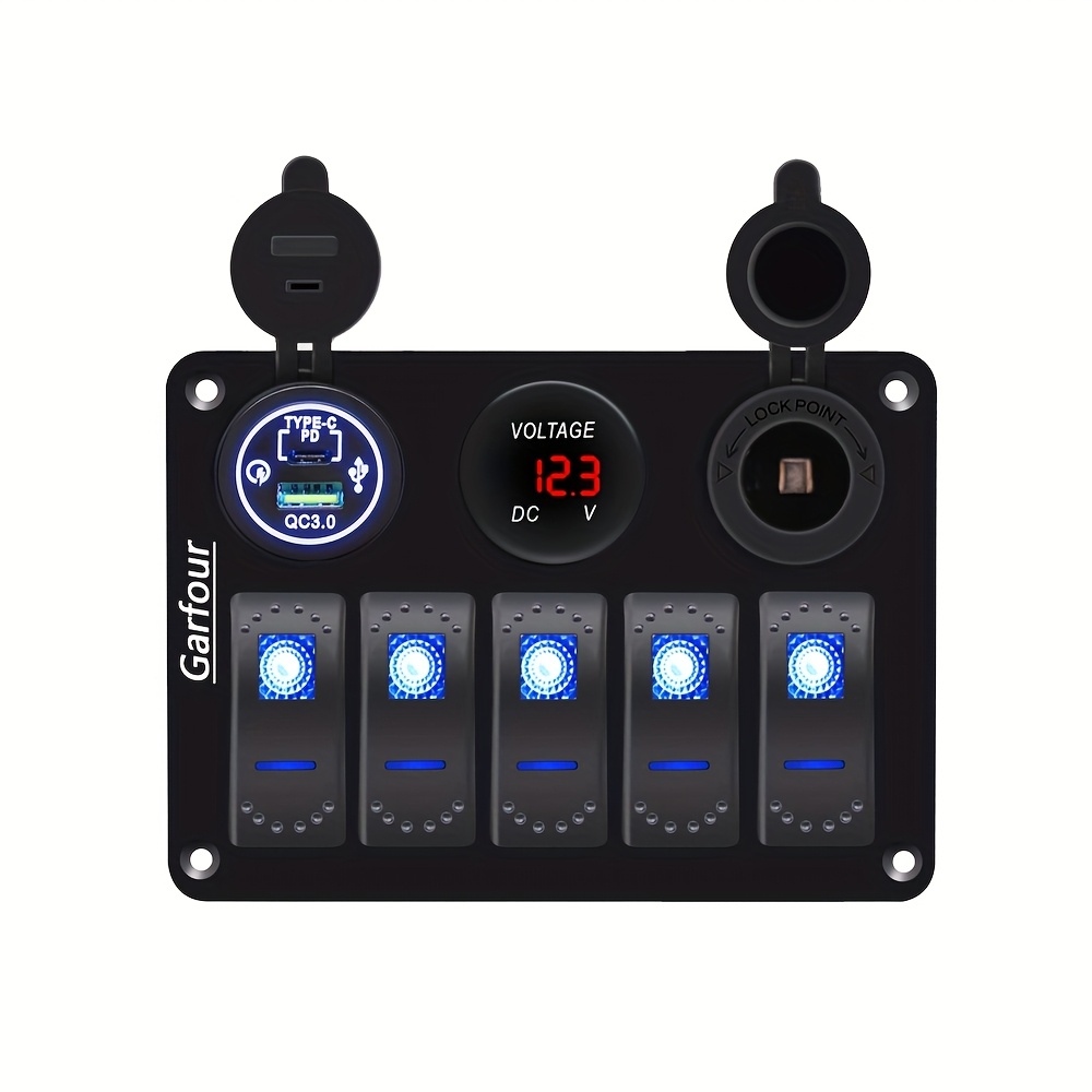 TEMU Garfour 5 Gang Boat Switch Panel Marine Rocker Switch With 12v Voltmeter Type-c And Qc 3.0 Usb For