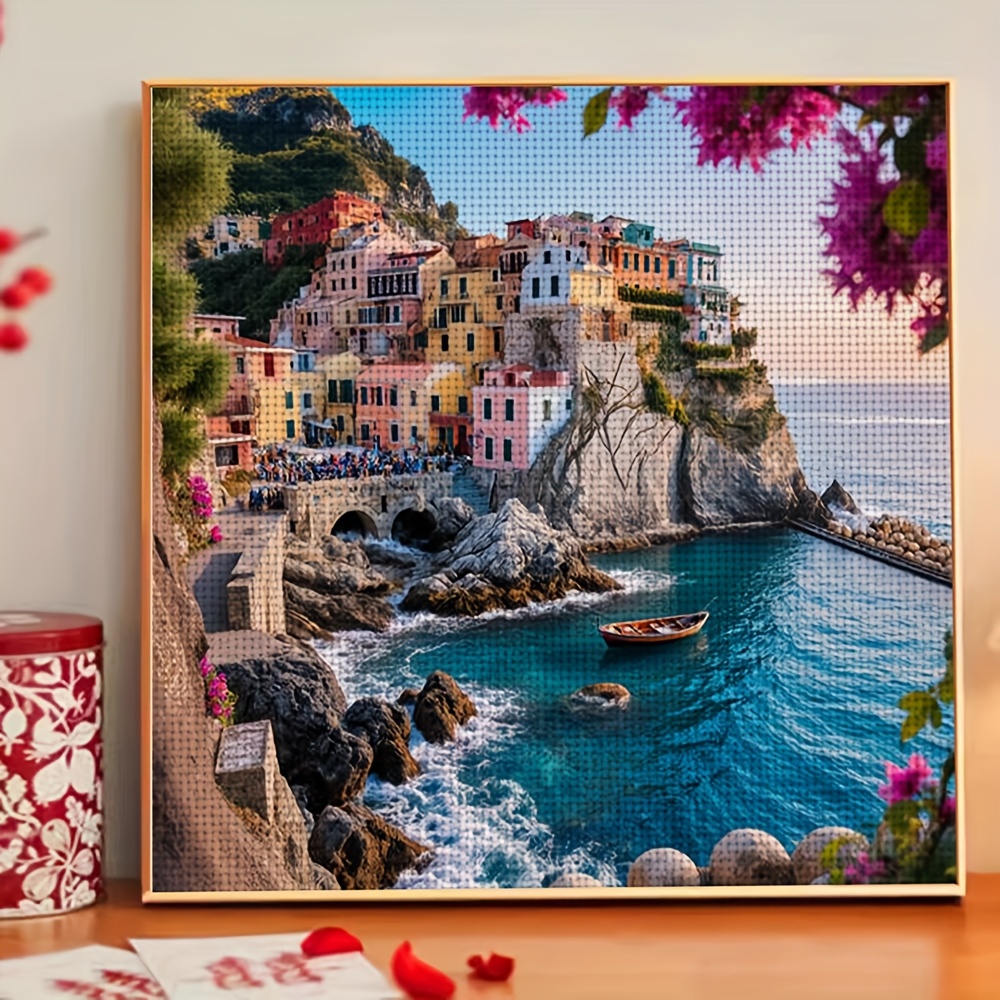 TEMU 1 Set Of 11ct Frameless Cross Stitch Kit - Colorful Houses , Suitable For Adults And Beginners To Relax, Handmade Embroidery Kit, Including