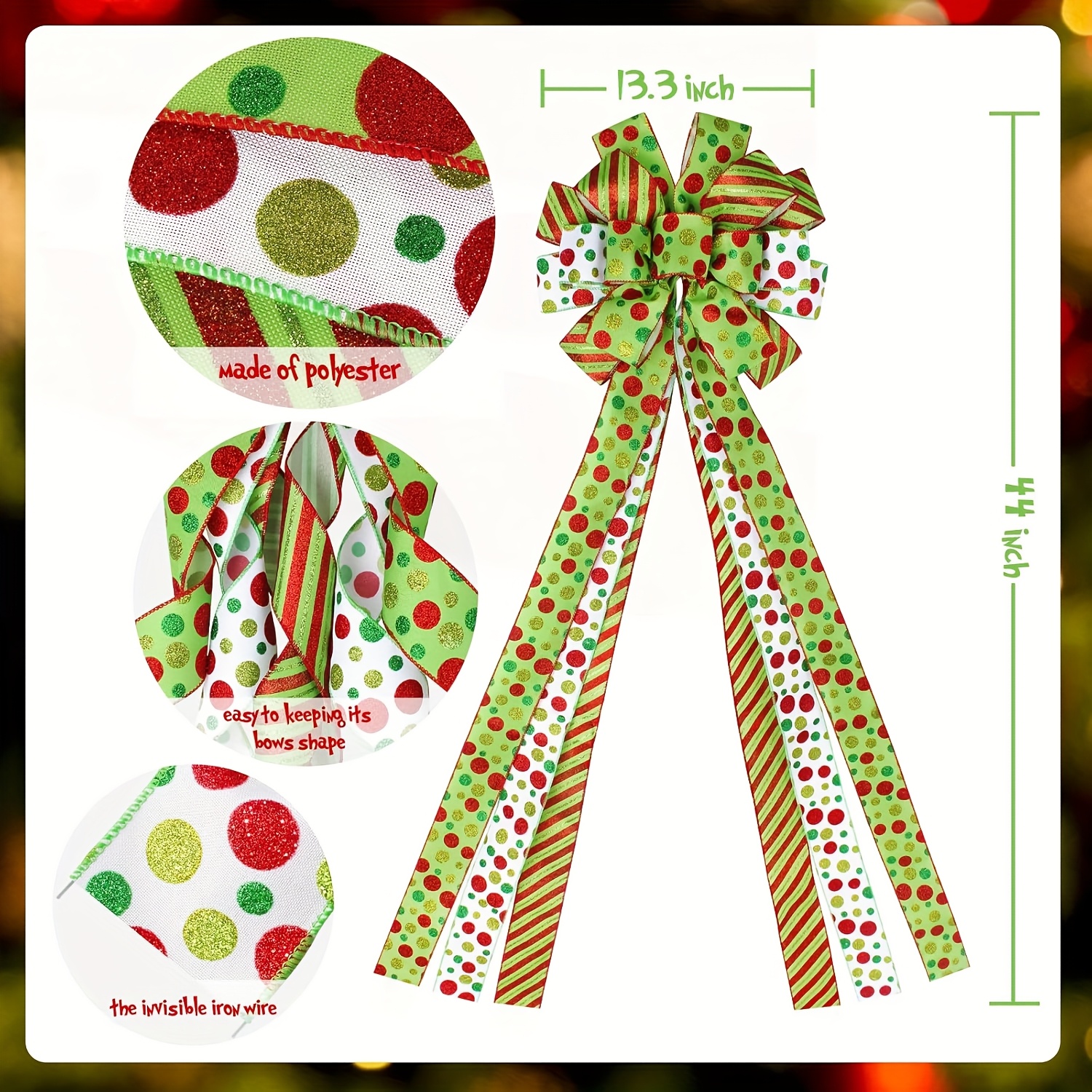 TEMU Large 44x13 Inch Glitter Red & Green Christmas Tree Topper Bow Wreath - Elegant Ribbon Bow With White Dots & Polka Dots, Christma Decoration,
