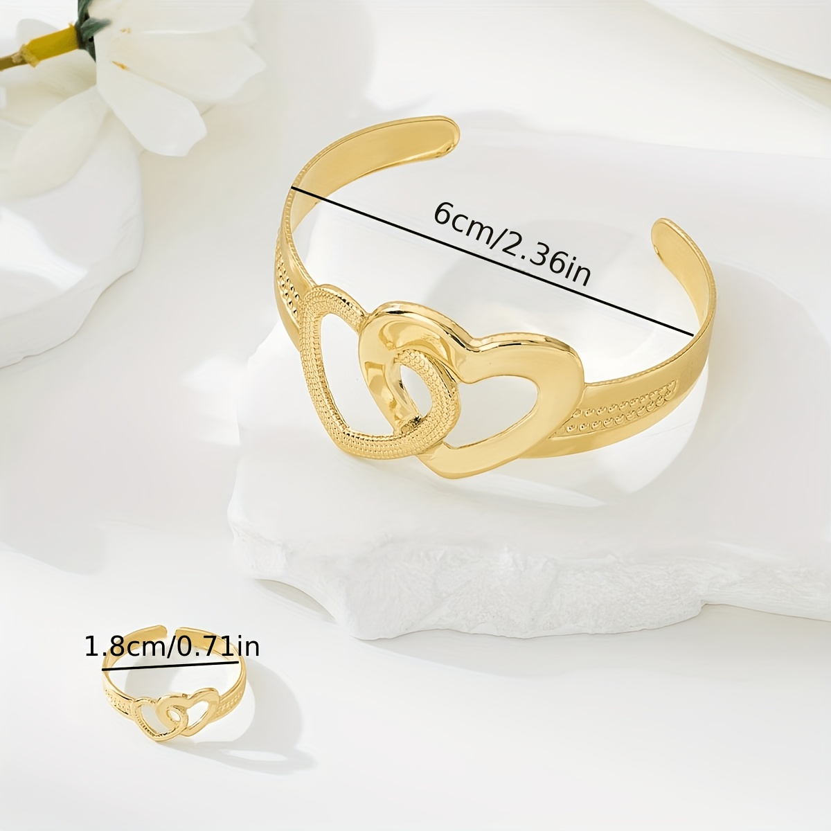 2pcs Bohemian Adjustable Openwork Heart Bangle Bracelet & Ring Set