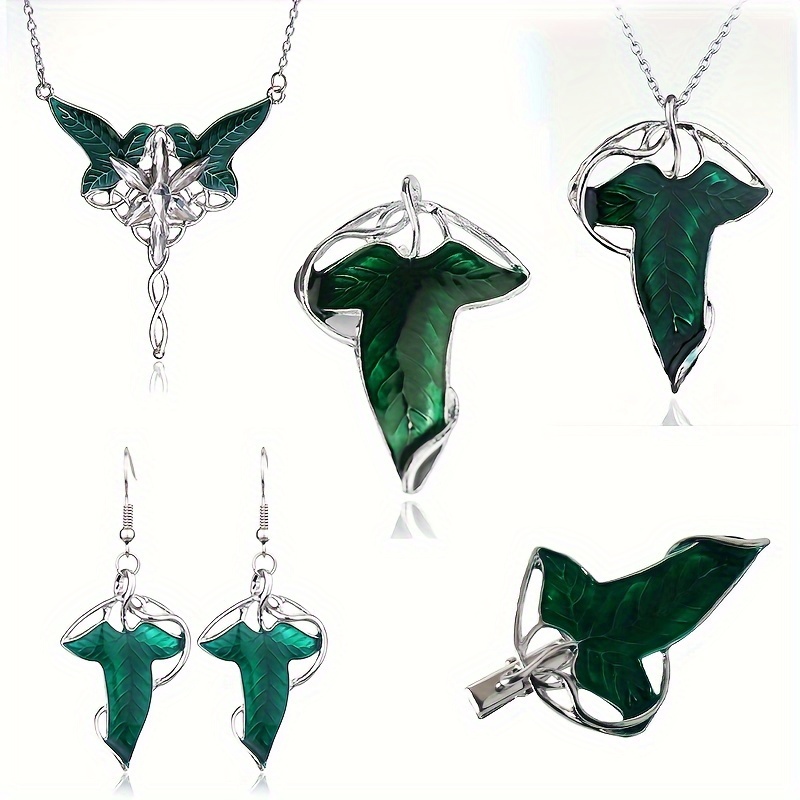 

6pcs/set Movie Cosplay Leaves Pendant Necklace Rhinestone Elf Leaf Enamel Hairclip Brooch Earring Jewelry Accessories Set Fans Gifts