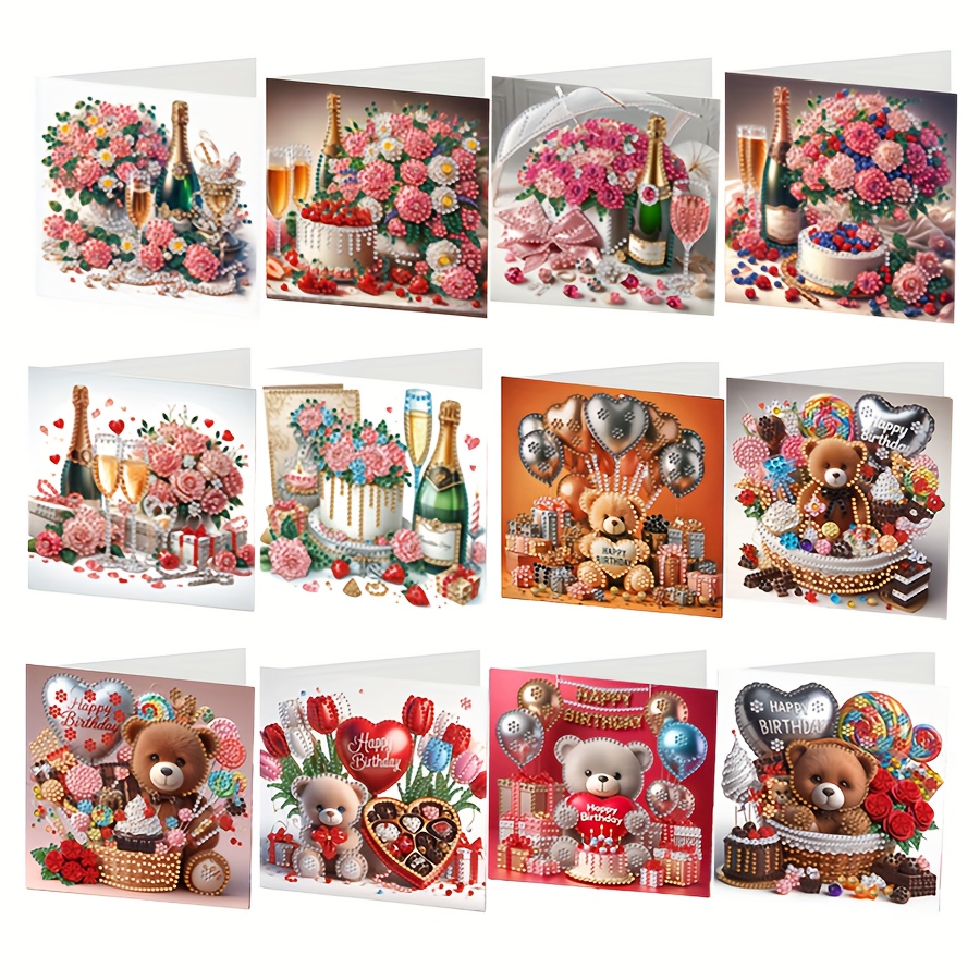 TEMU 12pcs Set - Diamond Painting Birthday Cards - Holiday Greeting Card Kit, Champagne - Floral. Cute Cartoon Bear - Heart-shaped Balloons - Cake