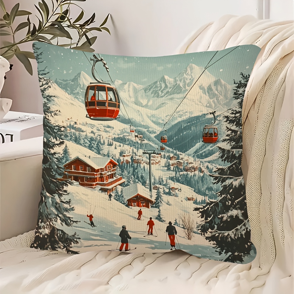 TEMU An 18x18 Inch Short Plush Pillow Cover Featuring A Vintage Ski Resort Poster Design With And Mountain Scenery, Suitable For Modern Home Decor In