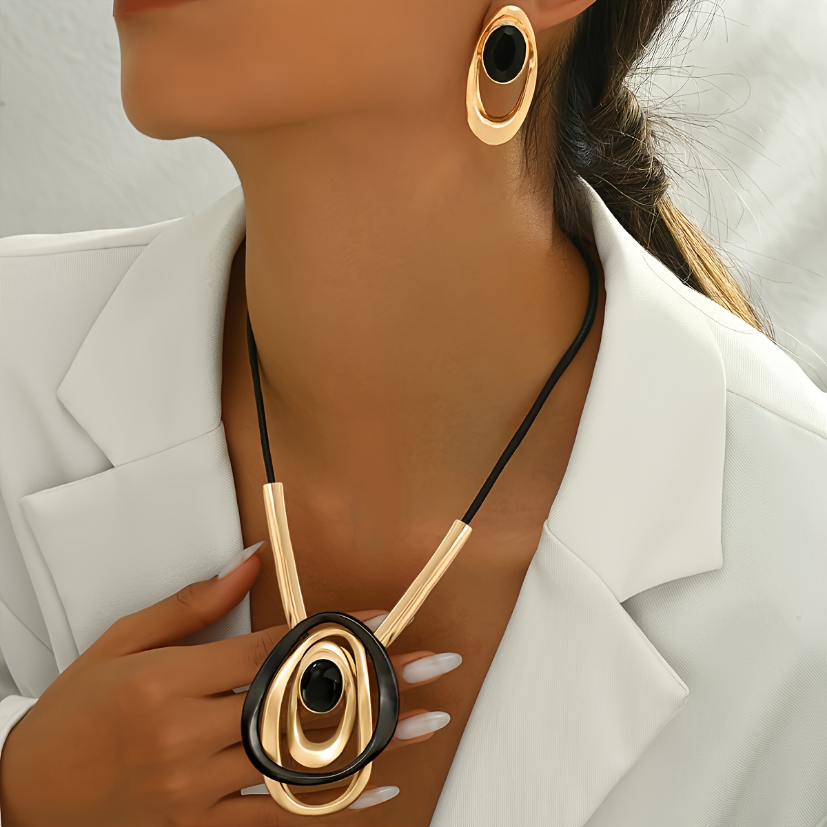 TEMU 3pcs Set, New Autumn/winter Women's Fashion Jewelry Set, Elegant And Minimalist Style, Geometric Irregular Hollowed-out Oval-shaped Assembled