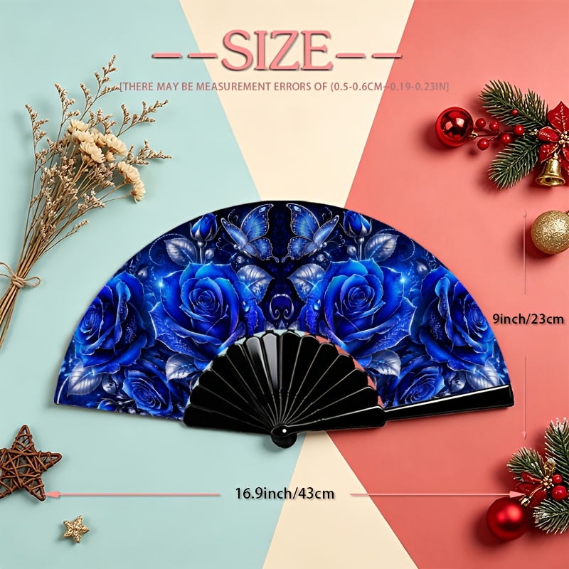 TEMU ["Éventail d'artisanat de 23 cm] Éventail pliant en plastique iridescent, bleu , rose argenté et papillon, style , éventail léger et durable,