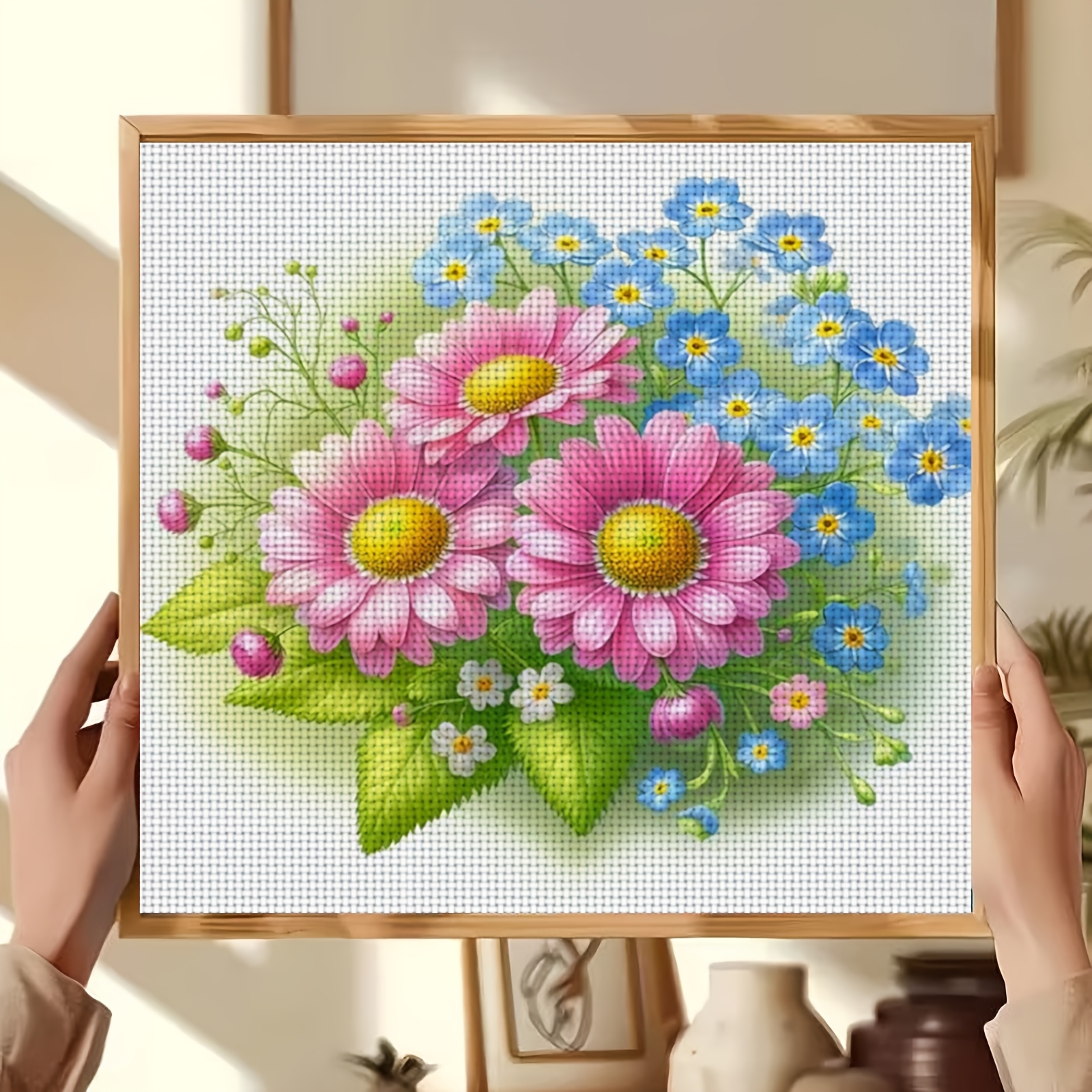 Cross Stitch Kit, Pink and Blue Floral Bouquet Pattern, Ideal for Beginners