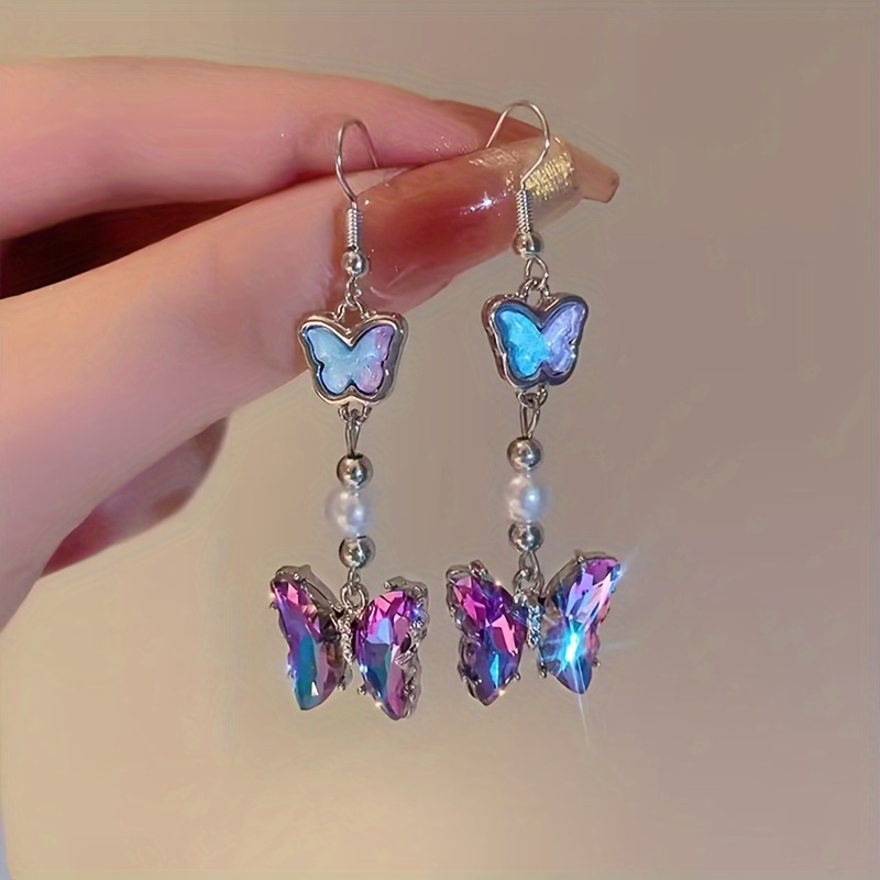 TEMU Y2k Butterfly Purple Dangle Earrings Rhinestones Imitation Pearl For Outfits Gift-