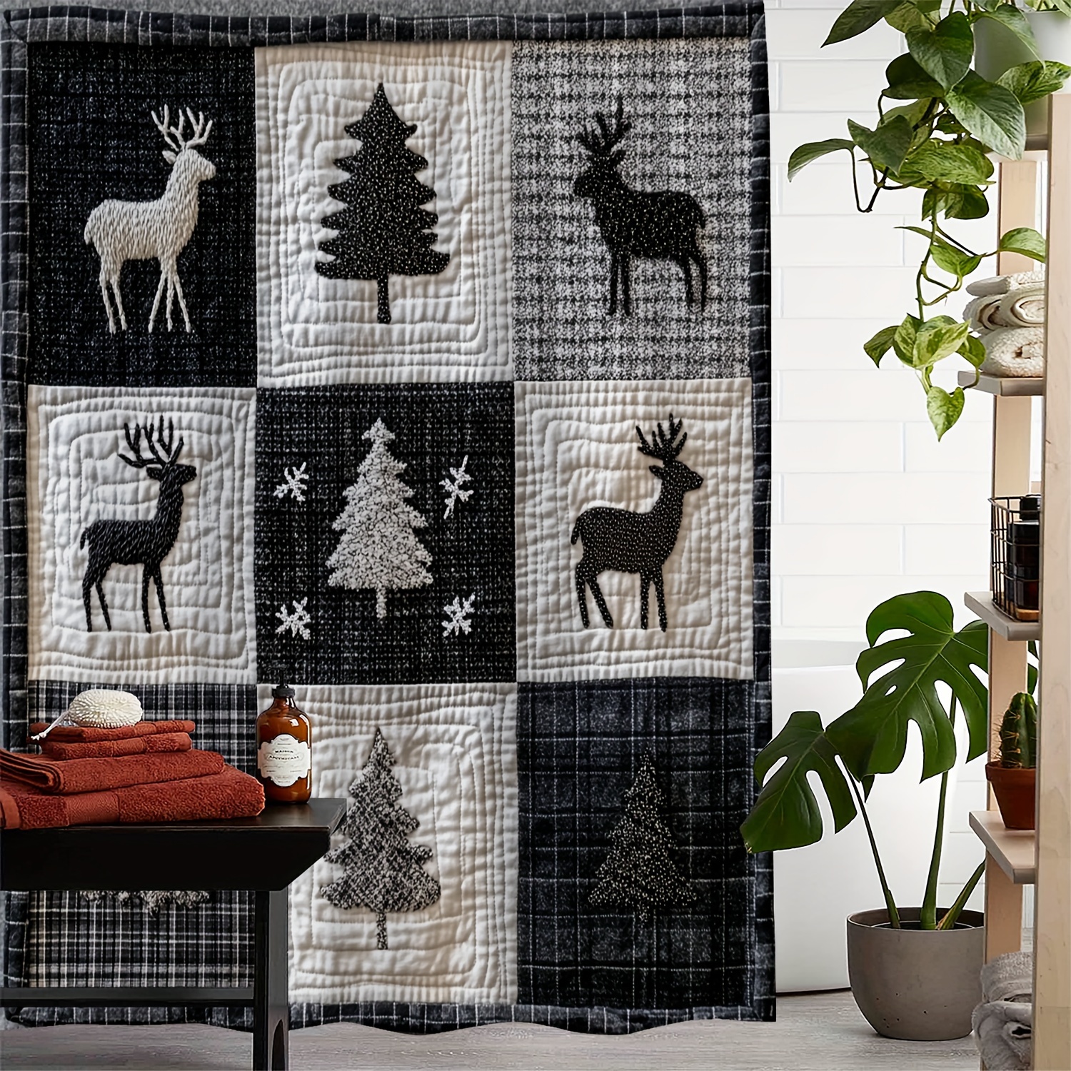 

Vintage Christmas Deer And Tree Plaid Print Waterproof Shower Curtain With 12 Hooks - Suitable For Windows And Doors - Machine Washable - - Seasonal Holiday Decor