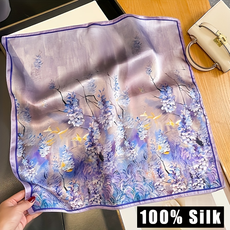 TEMU Oaw Women's 100% - Small Square /korean Style Purple-blue Floral Suitable For Dress, Suit, Bag & Hair, Elegant Neck Wrap For, Commuting, Dates,