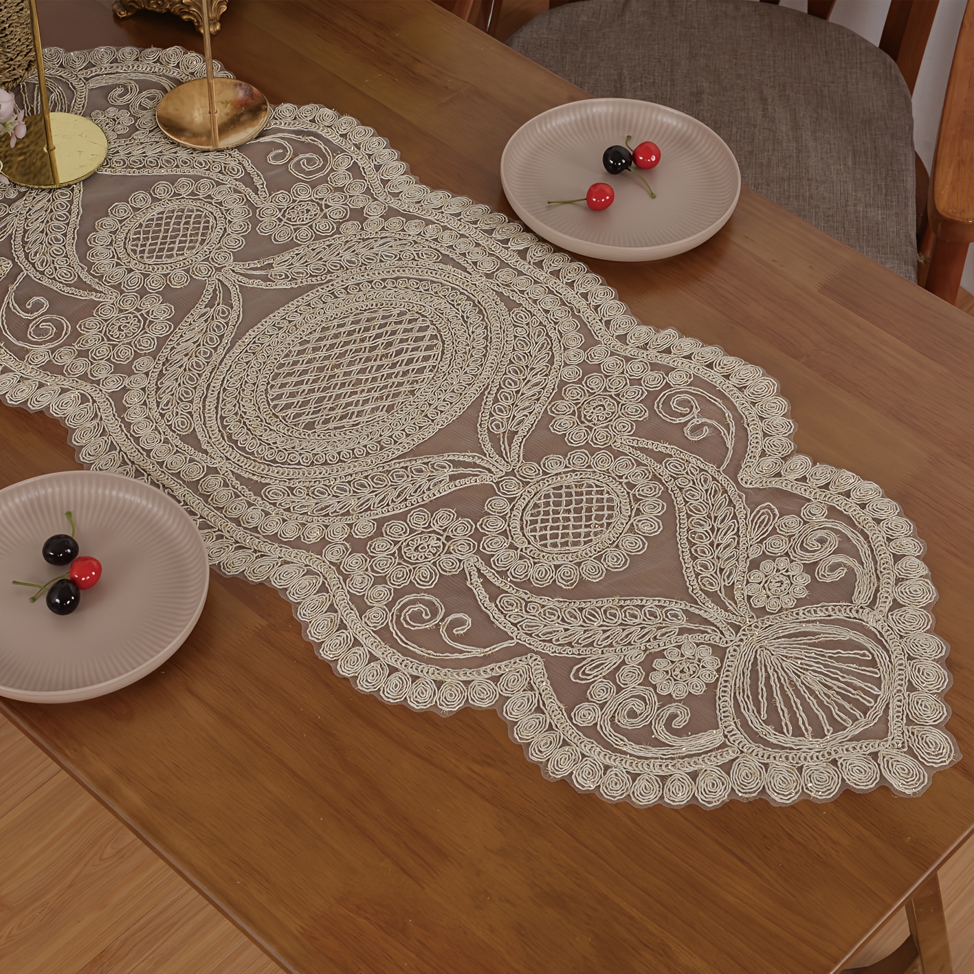 Image of 1pc Elegant Floral Embroidered Table Runner - 100% Polyester, Traditional Style With Intricate Lace Design, Perfect For Parties, Celebrations, And Everyday Dining, In Sizes: 33x48cm, 44x93cm, 44x110cm
