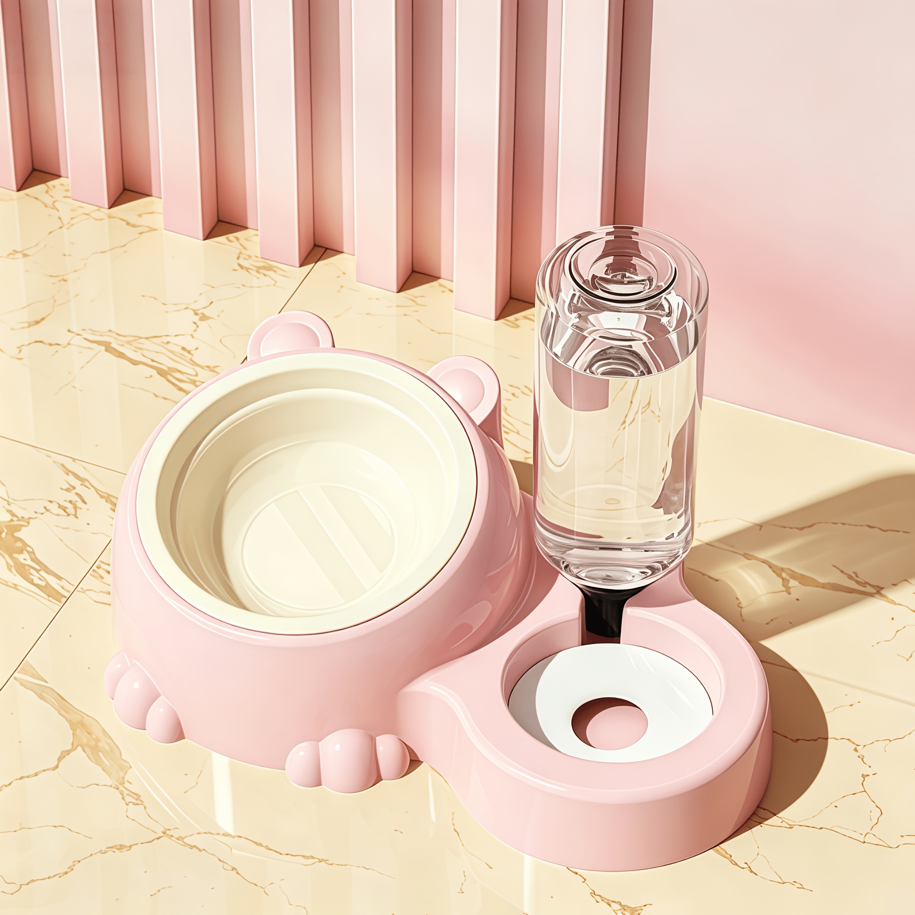 TEMU Cute Bear-shaped 2-in-1 Cat Automatic Feeder And Water Dispenser, Anti-overflow Neck Protection Design, Integrated Dry And Wet Feeding Bowl,