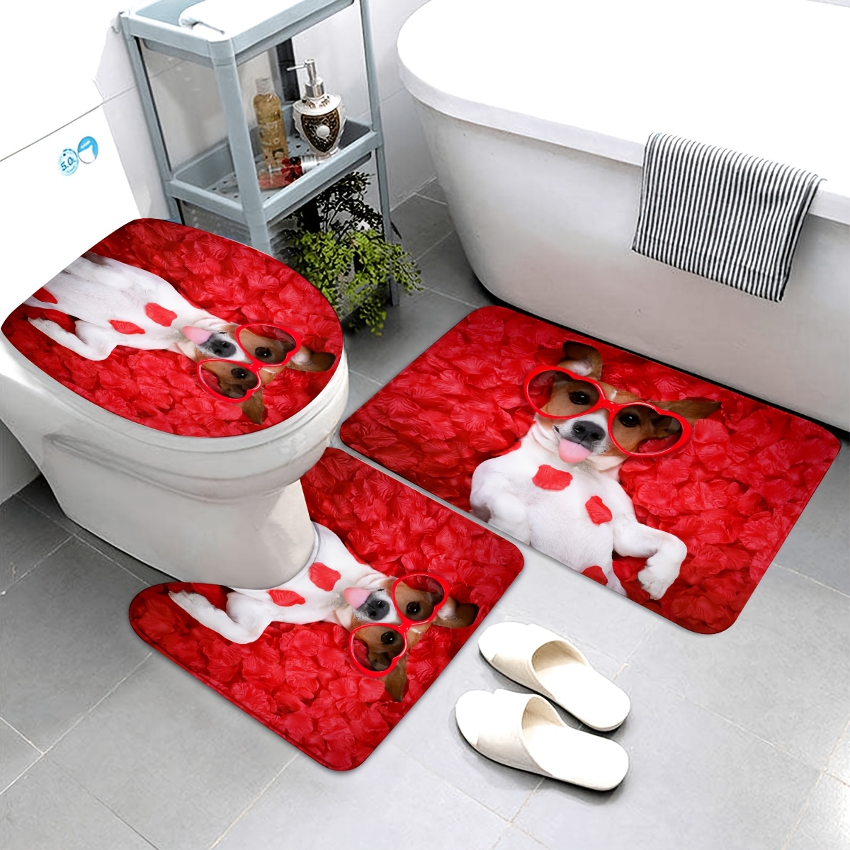 TEMU 3pcs Spring Valentine's Day Rose Dog Bathroom Non-slip Mat Set, Including A Bathtub Non-slip Mat, Bathroom Carpet, Toilet U-shaped Mat, And