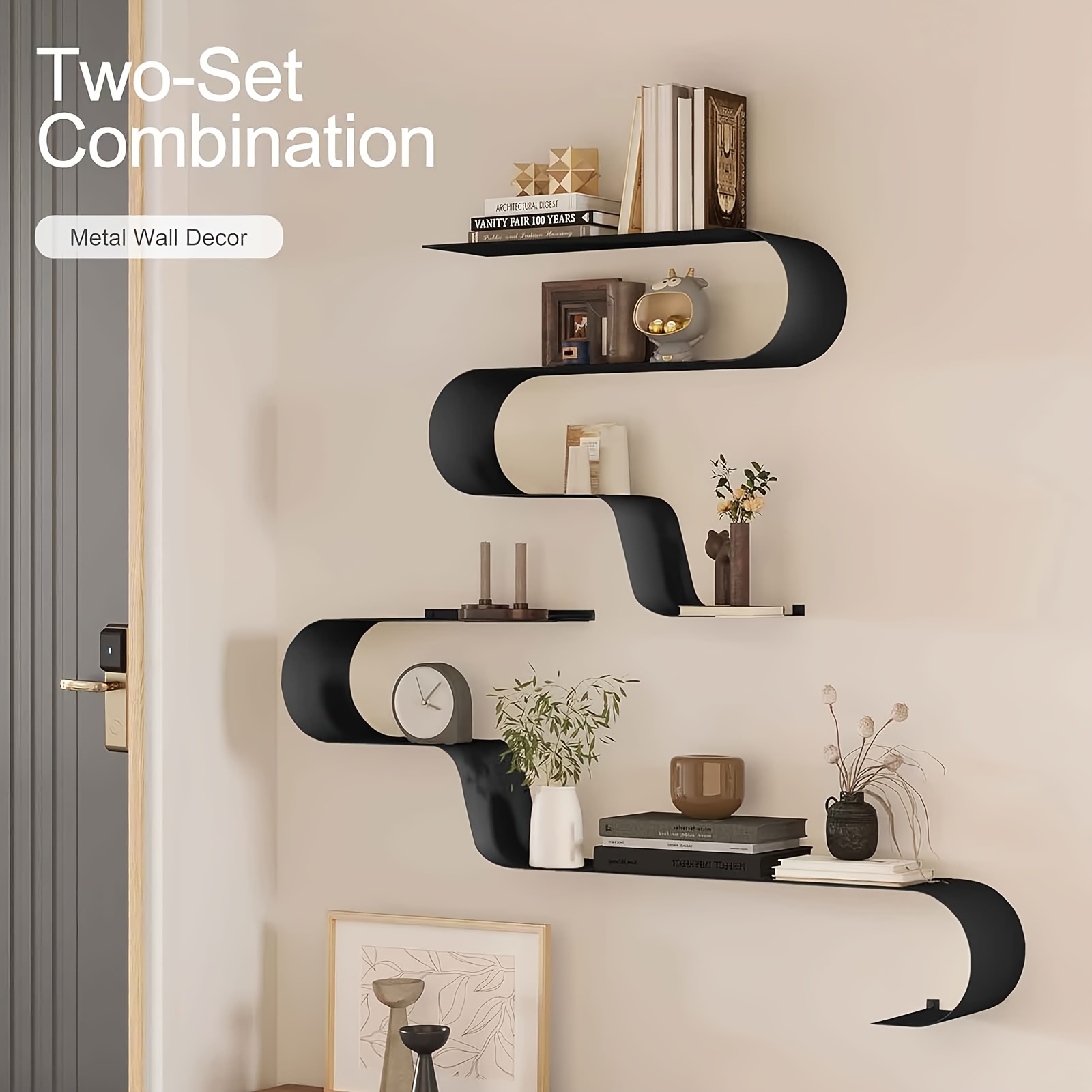 Black Floating Shelves Set of 3, Black Metal Decor, Unique Mounted Floating Shelf, Modern Long Wall Shelf, Large Wall Shelves for Bedroom, Bathroom, Living Room