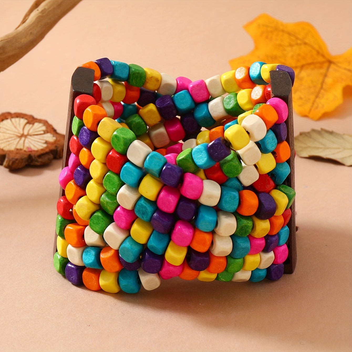 

Bohemian Vintage Wooden Bead Bracelet - Handmade Multicolor Stretch Cuff Bangle For Women, Boho Style, No Plating - Ideal For Daily And Party Occasions, All Seasons Compatible