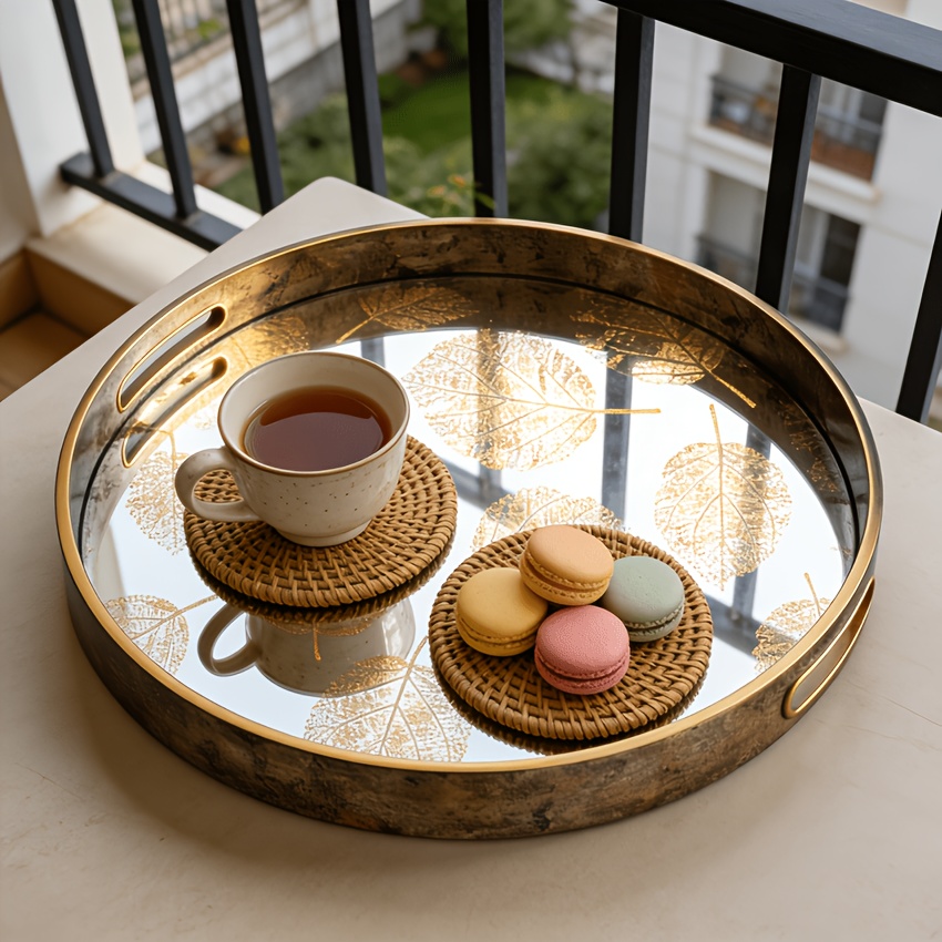 TEMU Plateau rond à poignée Feuille Dorée - Élégant, convient pour la décoration de balcon et de salon, étagère de présentation pour chaussures,