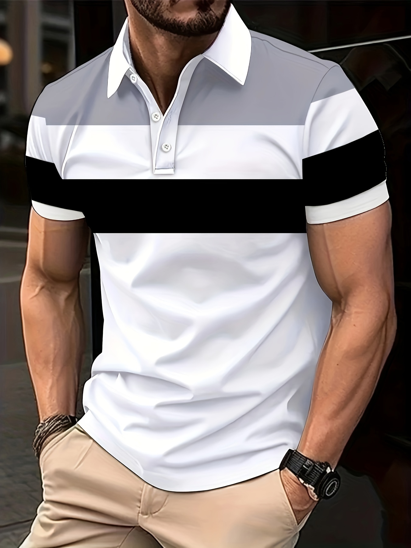 Men'S Casual Polo Shirt, Oversized Short Sleeve, Regular Fit, Fashionable Patchwork Lines Design, 95% Polyester 5% Spandex, Slight Stretch Knit Fabric, All Season Lapel Collar Top, Plus Size