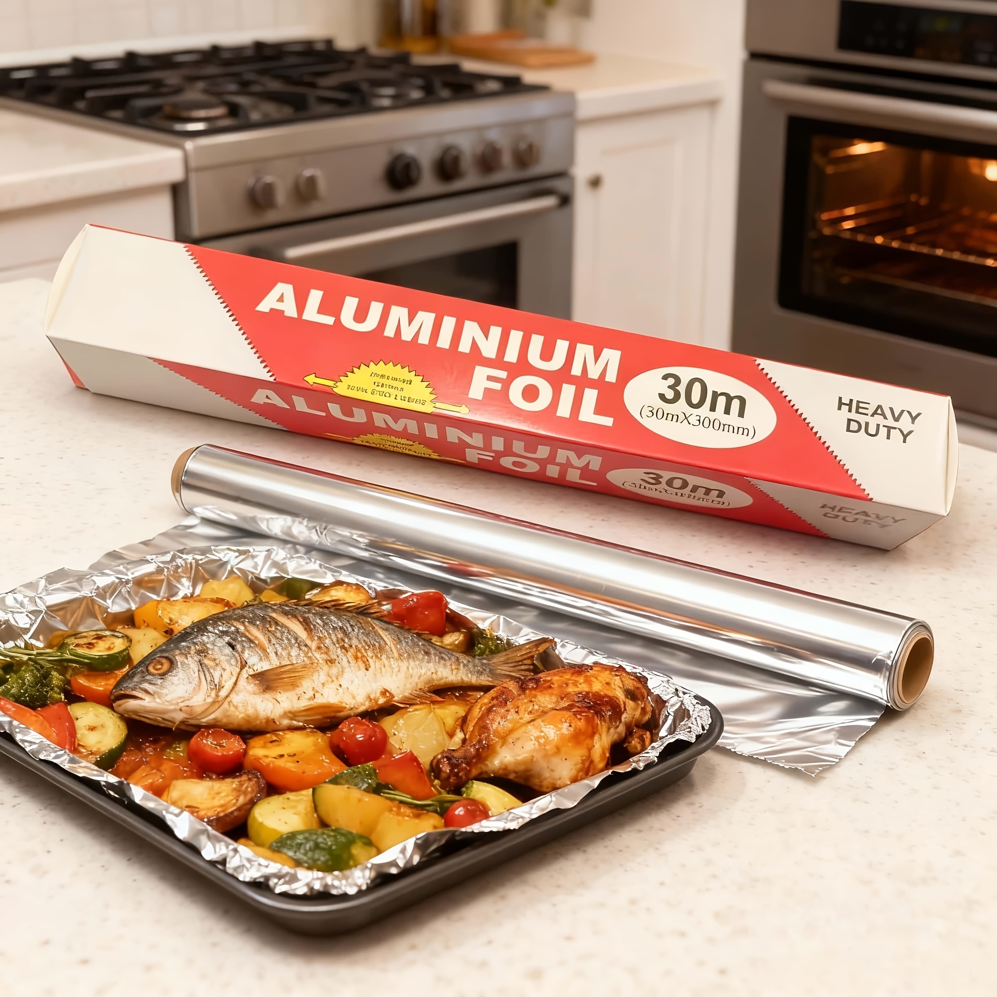 30 Meters Heavy-Duty Non-Stick Aluminum Foil - Suitable for Grill, Oven, Baking, and Kitchen Storage, Safe and Easy to Use