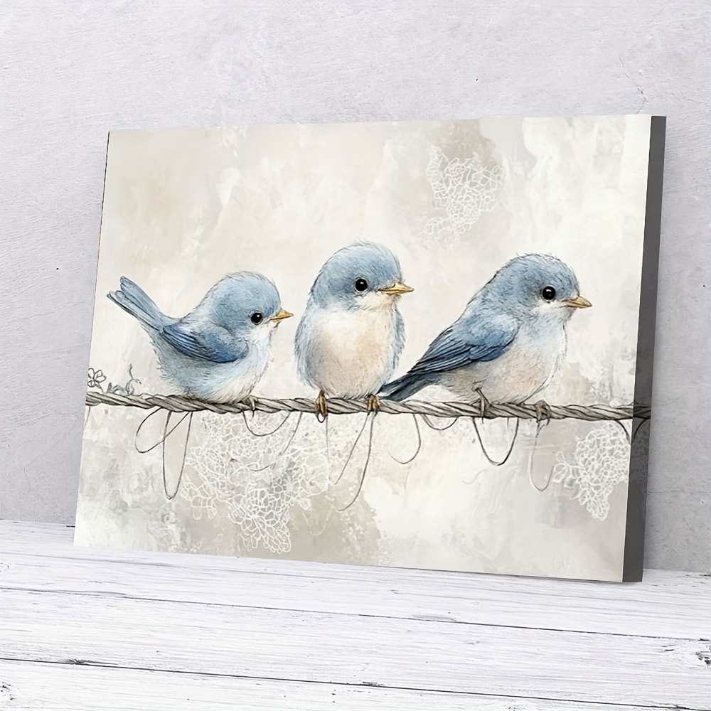 TEMU 2d Flat, 1pc Wood Framed Canvas Wall Art - 3 Blue Birds On Wire Watercolor Painting, Wrap-around Frame Suitable For Living Room & Bedroom Decor,