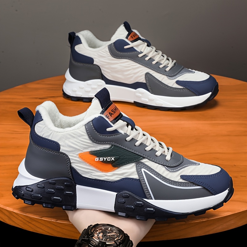 

Men's Winter Warm Fleece-lined Sneakers - Low-top Sole Non-slip Casual Shoes With Grip For Outdoor Activities, Dark With Orange Accents, Lace-, Chunky Shoes