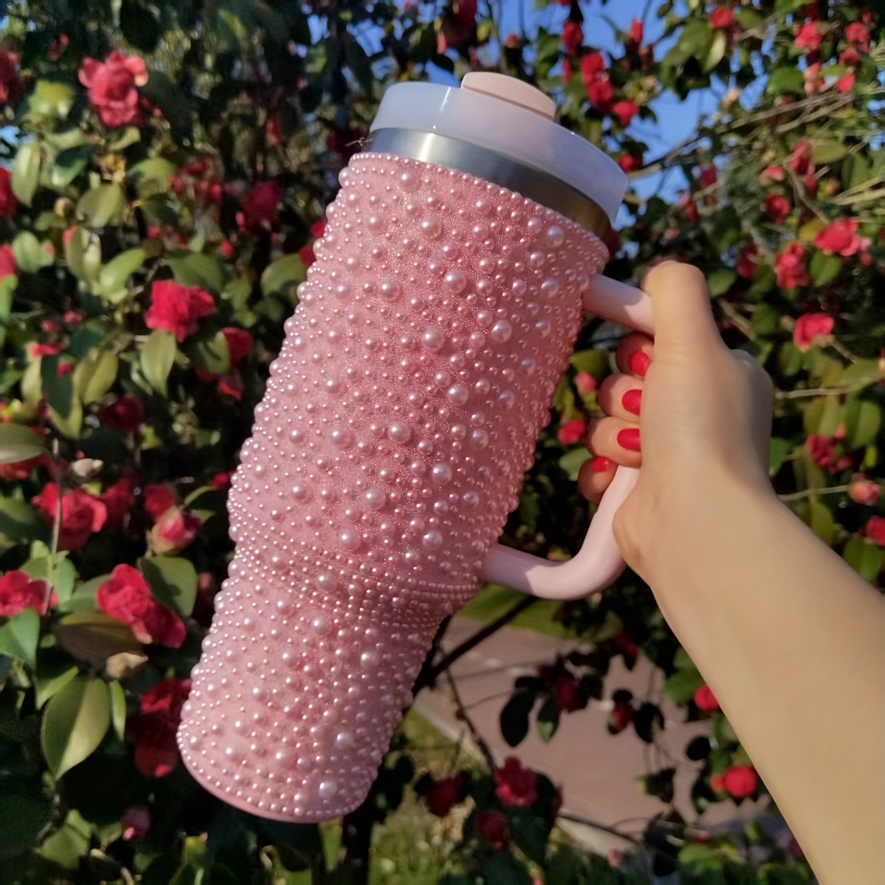 1pc 40oz stainless steel insulated tumbler with handle straw glittery   design   drinks hot or cold portable for car travel running perfect gift for holidays special occasions travel drinkware glittery tumbler insulated construction pink 12