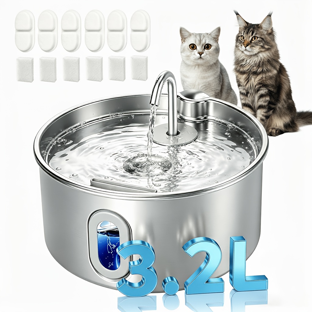 TEMU Fontaine à eau pour chat, fontaine automatique pour animaux de compagnie en acier inoxydable 3,2 L/108 oz, distributeur d'eau pour chien, pompe