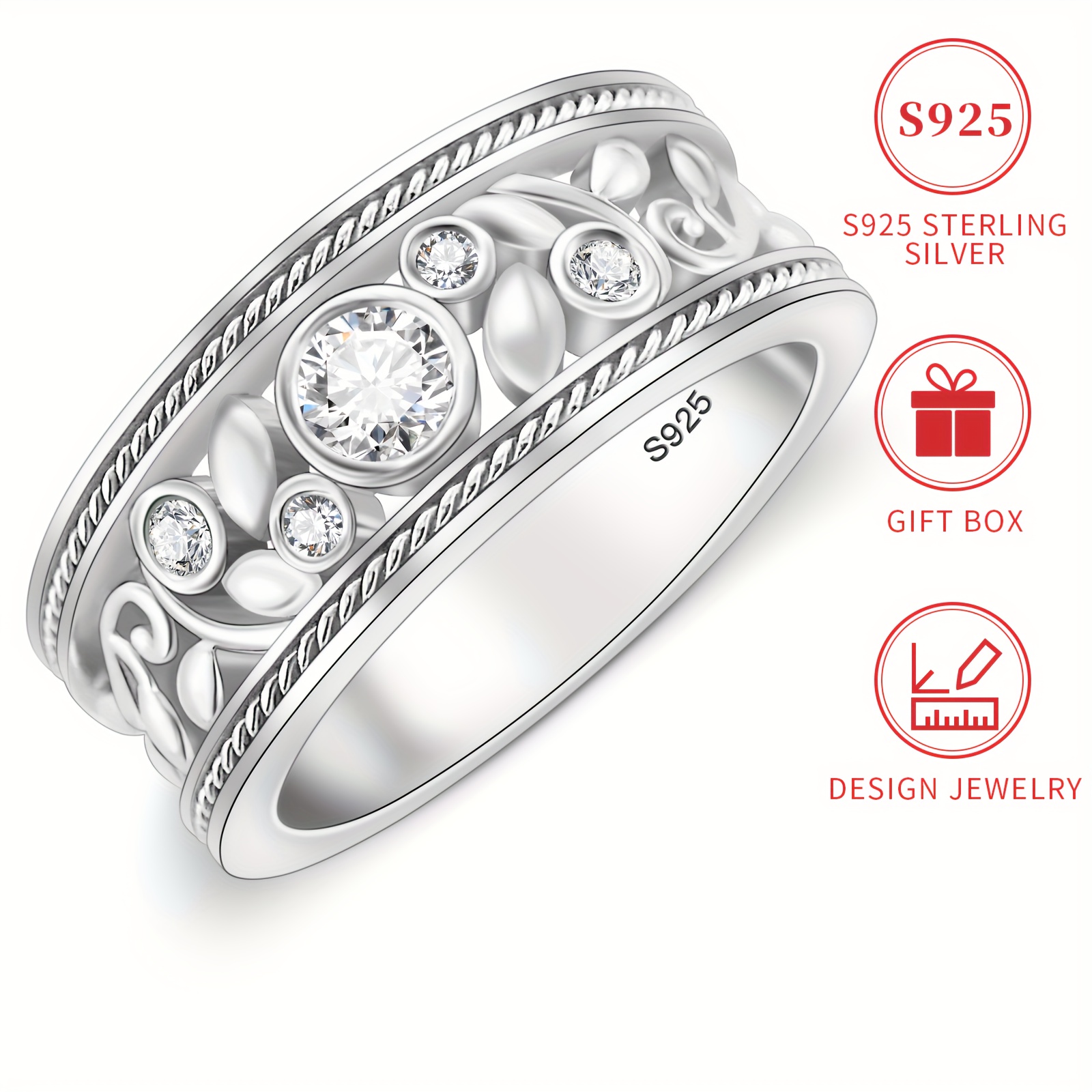 

925 Sterling Silver Bohemian Leaf Ring, Hypoallergenic Cubic Zirconia Flower Ring For Women, Gift Box, Teacher's Day/back To School/graduation Gift