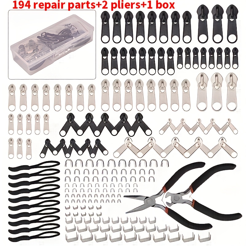 Image of 194pcs Repair Parts And 2pcs Pliers Or 84pcs Repair Parts And 2pcs Pliers, Zipper Replacement, Suitable For Sleeping Bag, Jacket, Tent, Luggage, And Backpack Zipper Repair