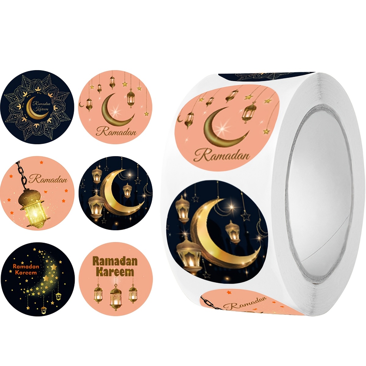 

Ramadan Moon Stickers, 500 Count Roll, Pvc Waterproof Vinyl Self-adhesive Labels, Matte , Round Shape, Disposable, For Gift Packaging, Party Favors, Decorations