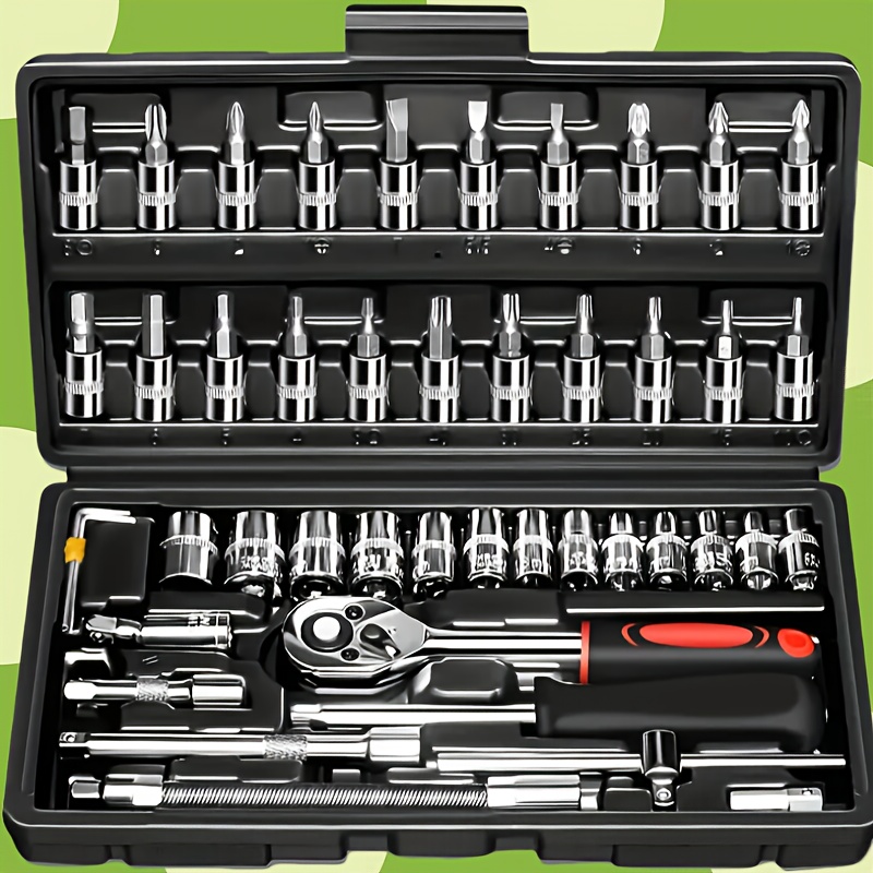 

Jeux de clés à douille de 46 pièces, à cliquet 1/4" de traction, combo d'outils pour la réparation de voitures et de bicyclettes, construction en matériaux autres durables non chargés