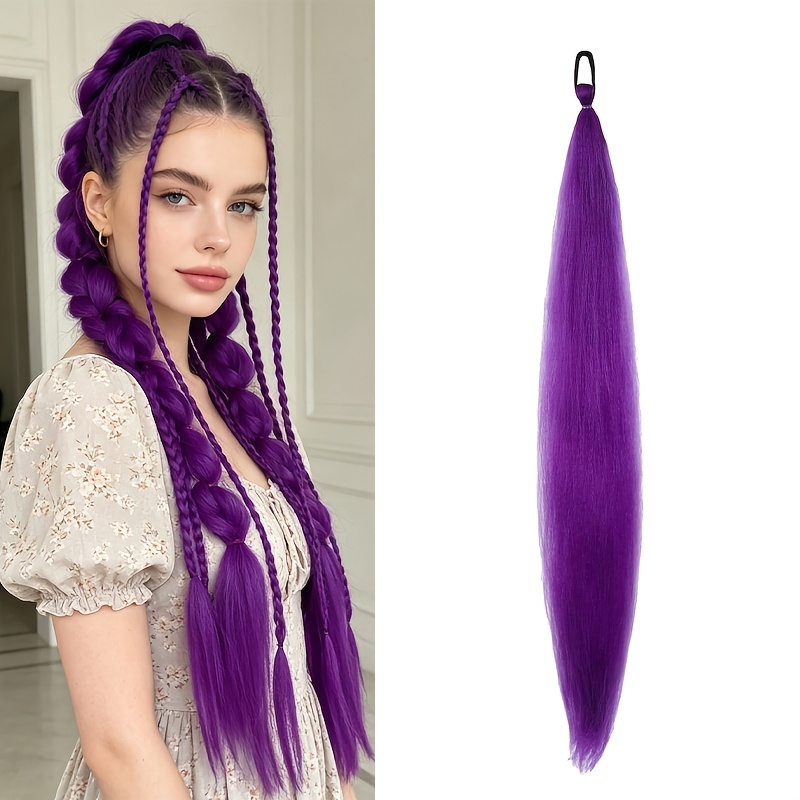 TEMU Peluca trenzada de 28 pulgadas para mujer con banda elástica - Extensión de cabello sintético liso en de caballo, adecuada para de piel, peluca
