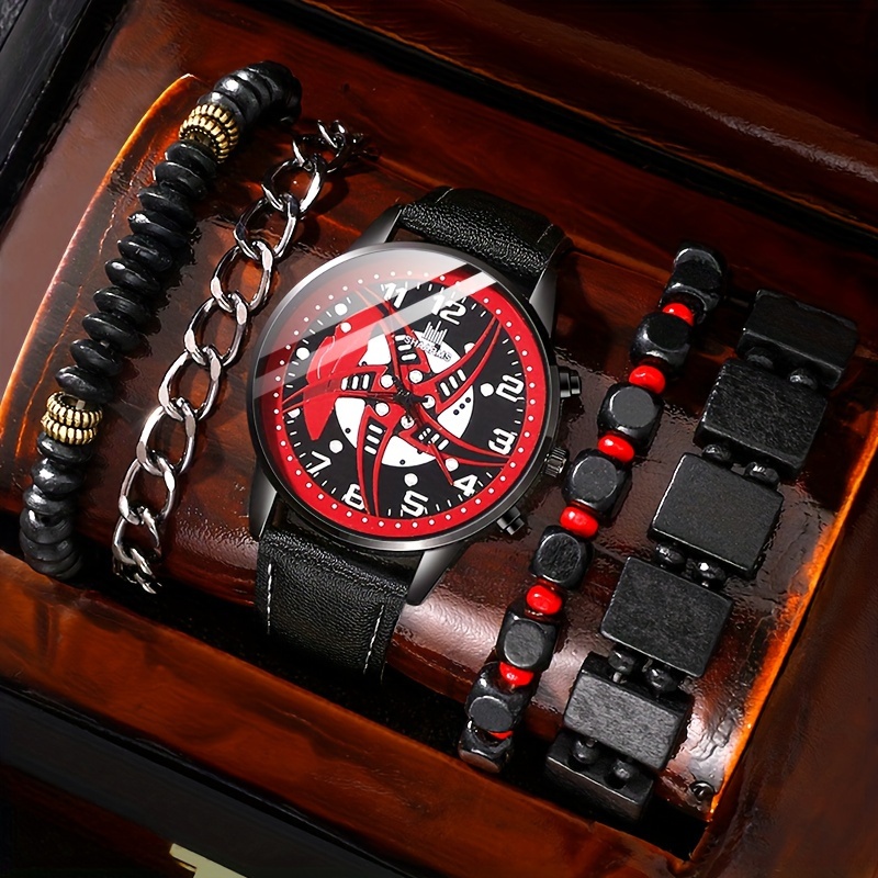 

5pcs/set, Fashionable And Casual Pu Leather Strap Men's Quartz Watch & Daily Men's Bracelet Set