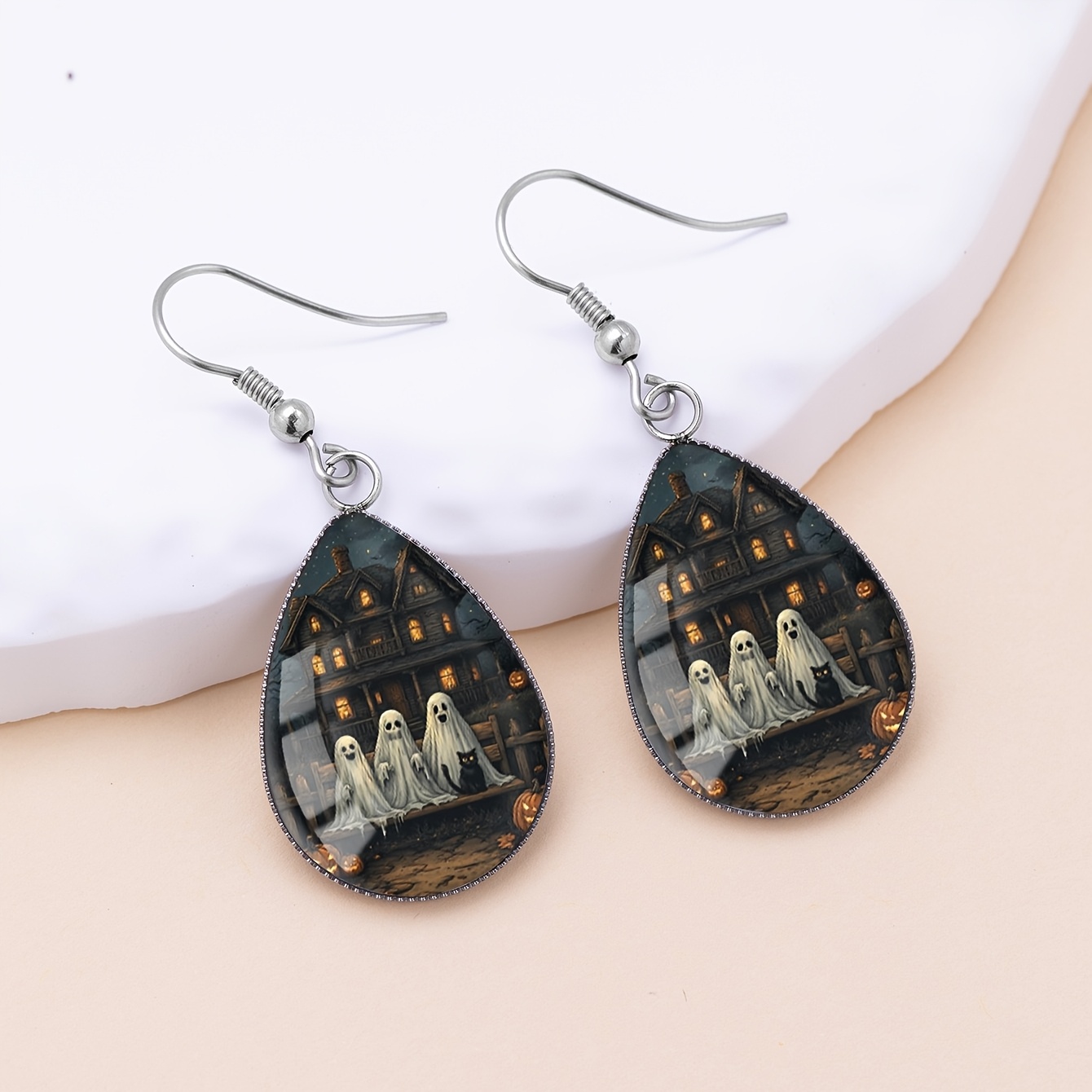 Halloween Ghost Black Cat Pattern Teardrop Earrings