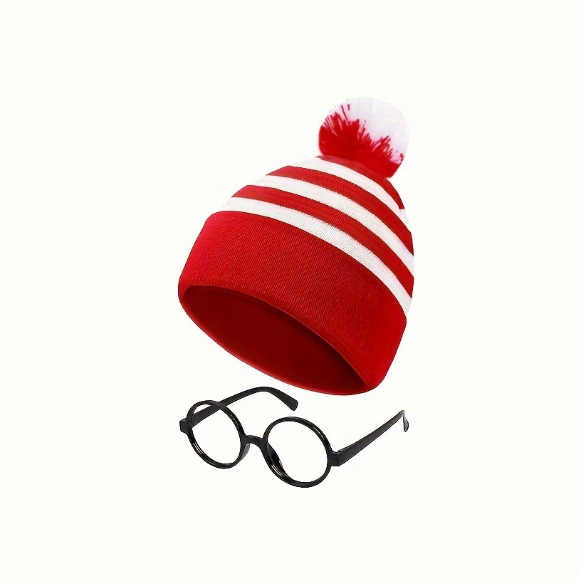 A Set Of Halloween Red And White Beanie With Pom-pom And Nerd Glasses, Suitable For Men And Women