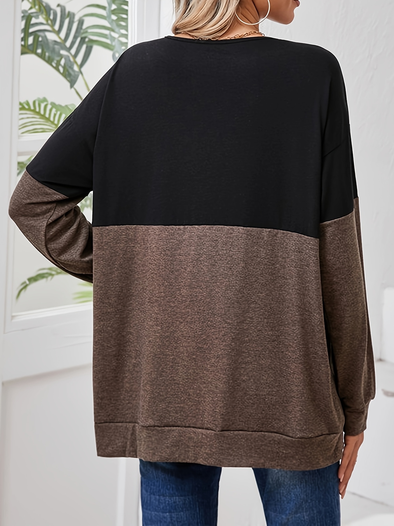 Plus Size, Women's Casual Long Sleeve T-Shirt - Color-Blocked V-Neck Cross-Strap Design, Black & Olive Green, Machine Washable, Spring Summer Fall Essential, Everyday Outfit, Stylish Pullover, Comfortable Fit, Pullover Top, Casual Attire