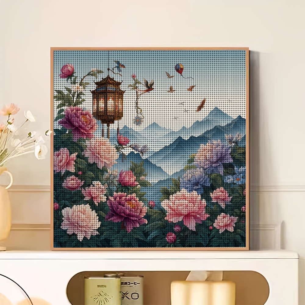 Frameless Cross-Stitch Printed Kit, "Peonies, Lanterns, and Landscape" Design