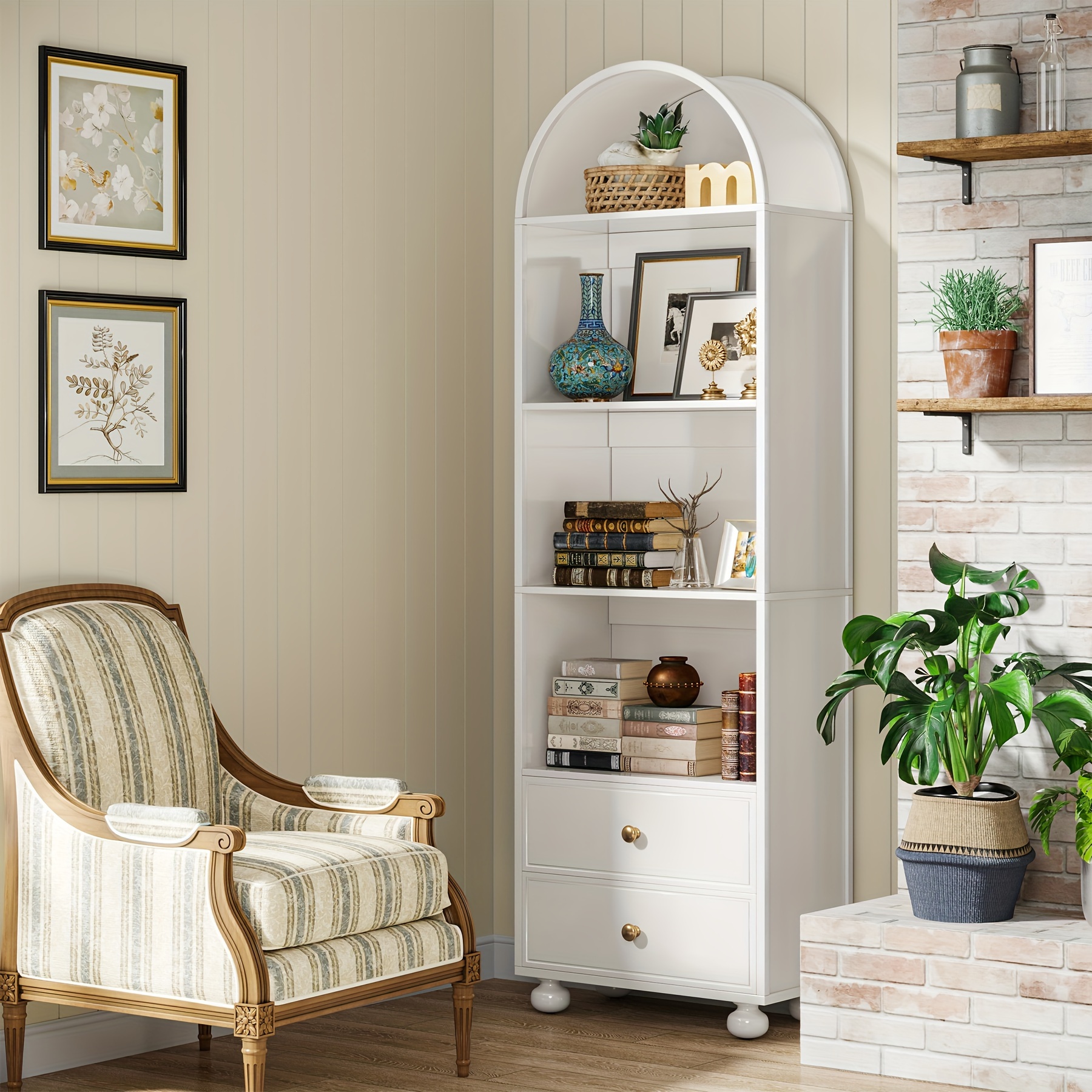 

Little Tree 74.8" Tall Modern Bookcase White Arched Bookshelf With 2 Drawers And 4 Storage Shelves Display Storage With Acrylic Top For Living Room