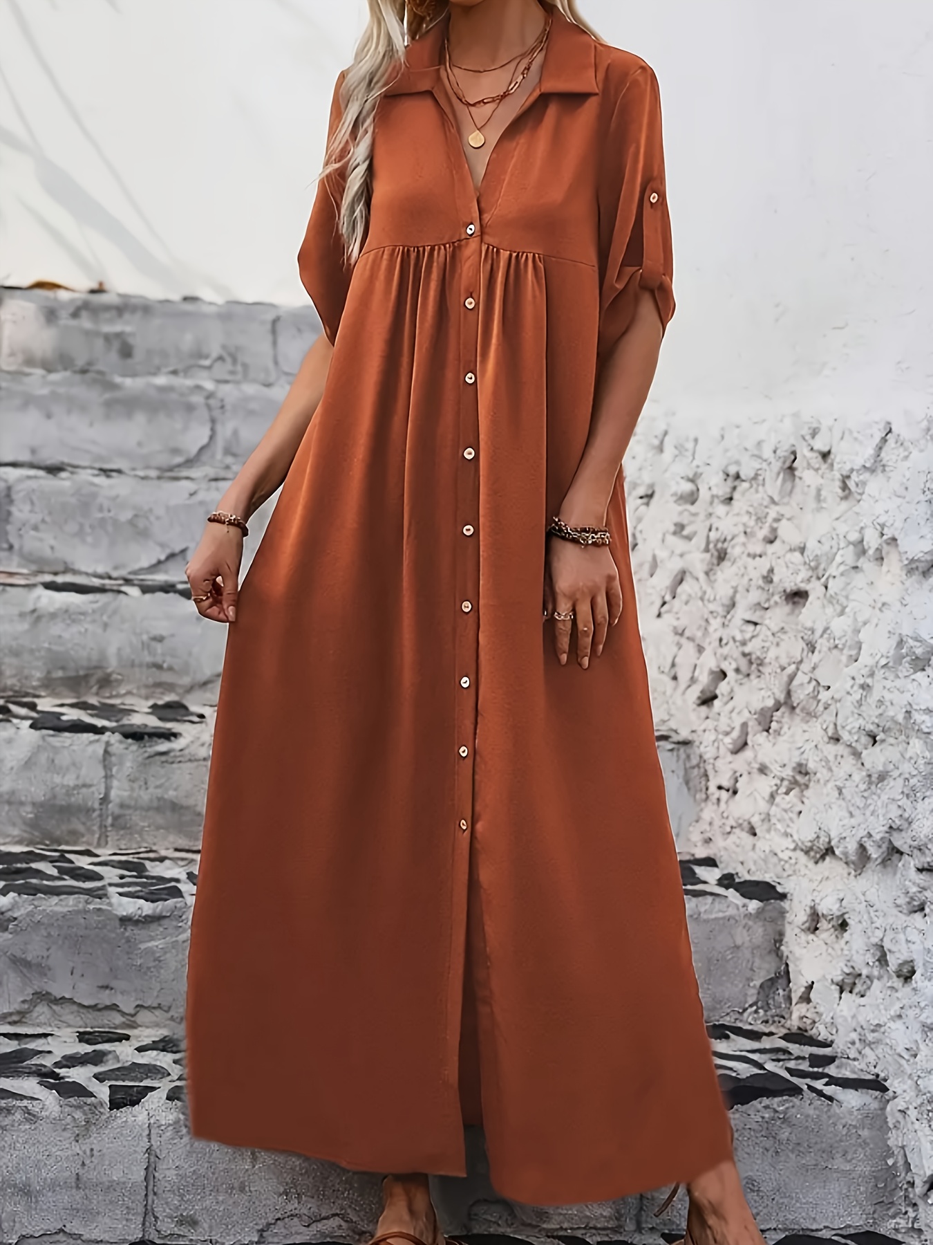 chinese dress ladies YEXPINE Women Summer Beach Dress 3/4 Sleeve Button Up Casual Shirt Dress  Loose Long Blouse Maxi Dresses Black at Amazon Women's Clothing store main image 0
