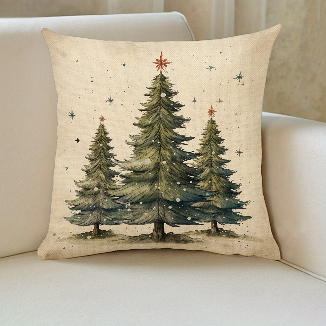 

Traditional Christmas Tree , 1pc Linen Cushion , Washable, Printed Pattern, , Seasonal Decor